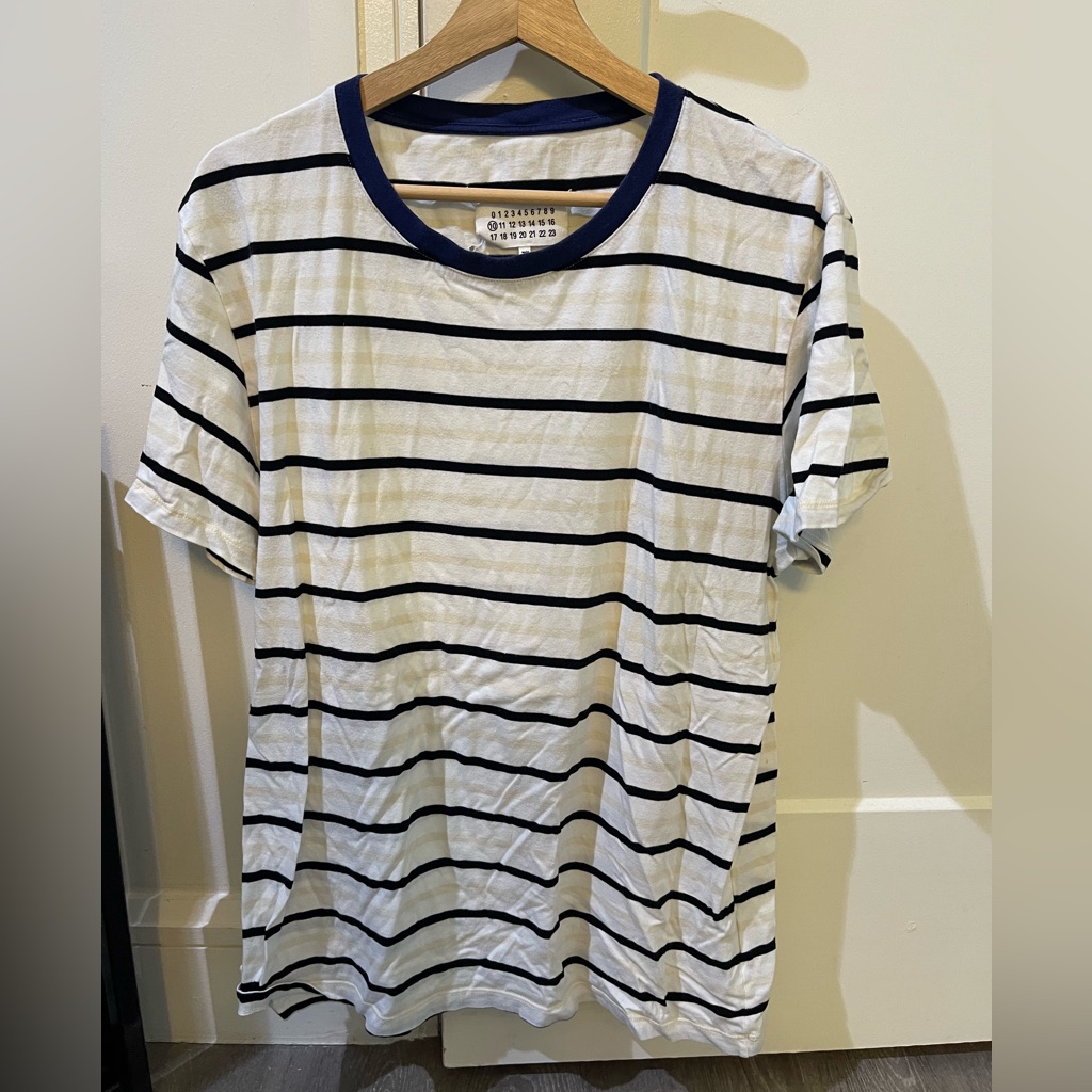 Maison Margiela Navy, Cream And White Striped Tee